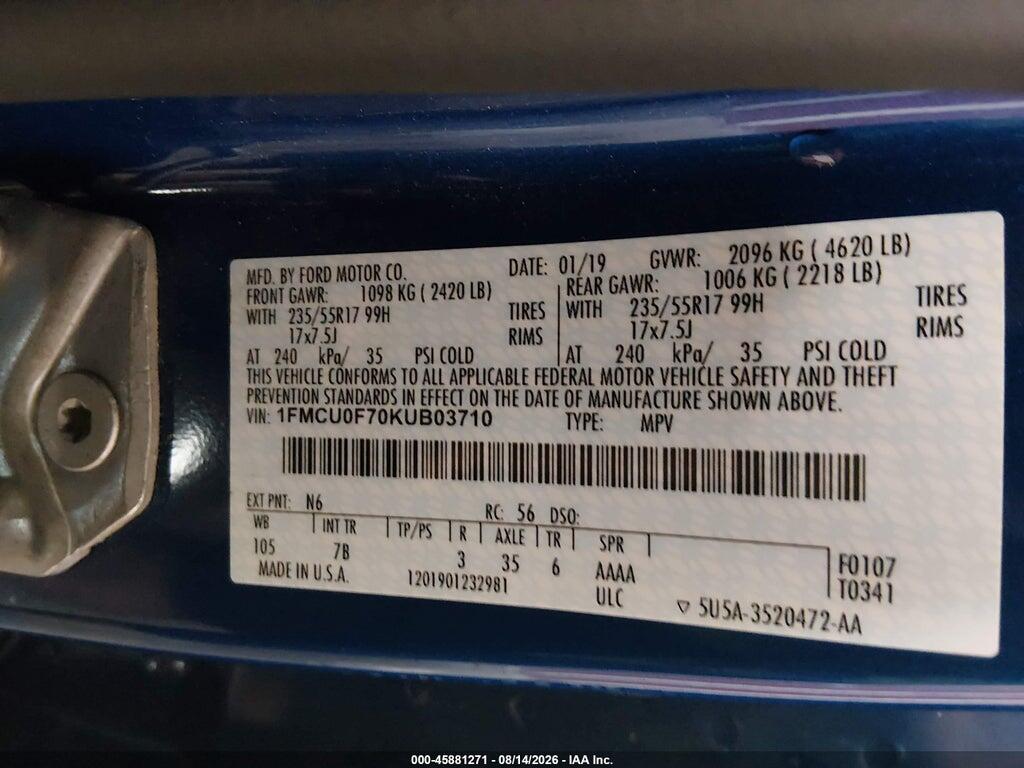 1FMCU0F70KUB03710 2019 FORD ESCAPE photo no. 9