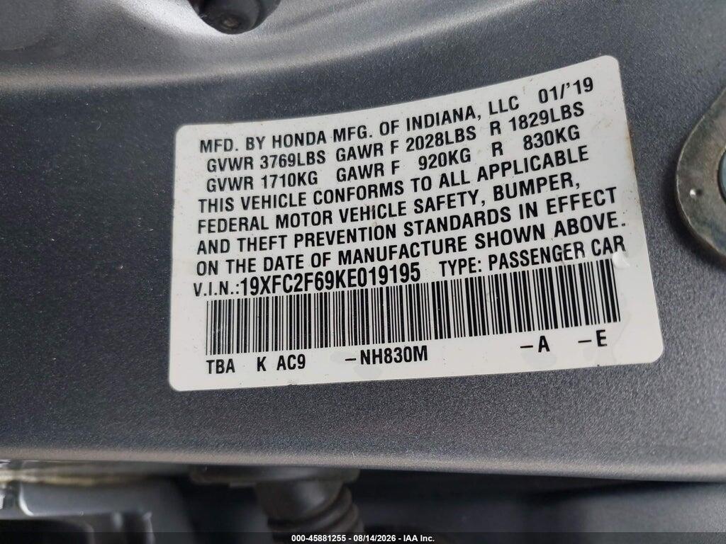19XFC2F69KE019195 2019 HONDA CIVIC photo no. 9