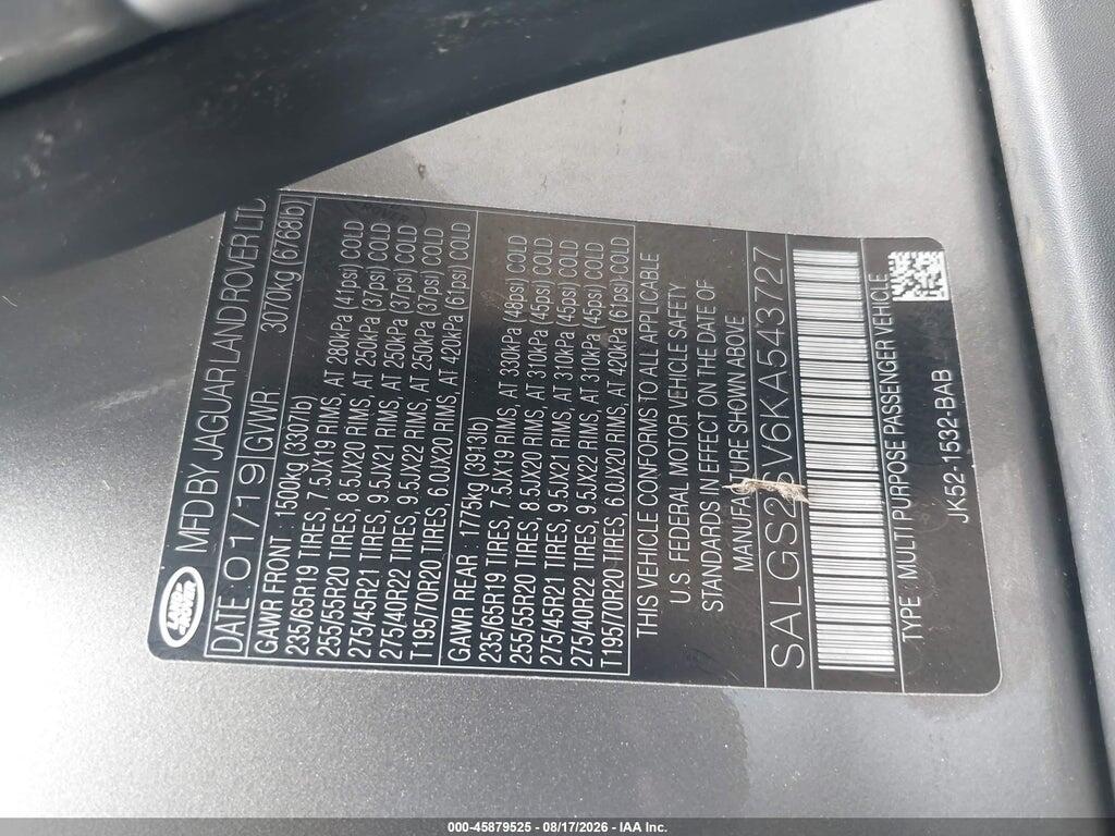 SALGS2SV6KA543727 2019 LAND ROVER RANGE ROVER photo no. 9