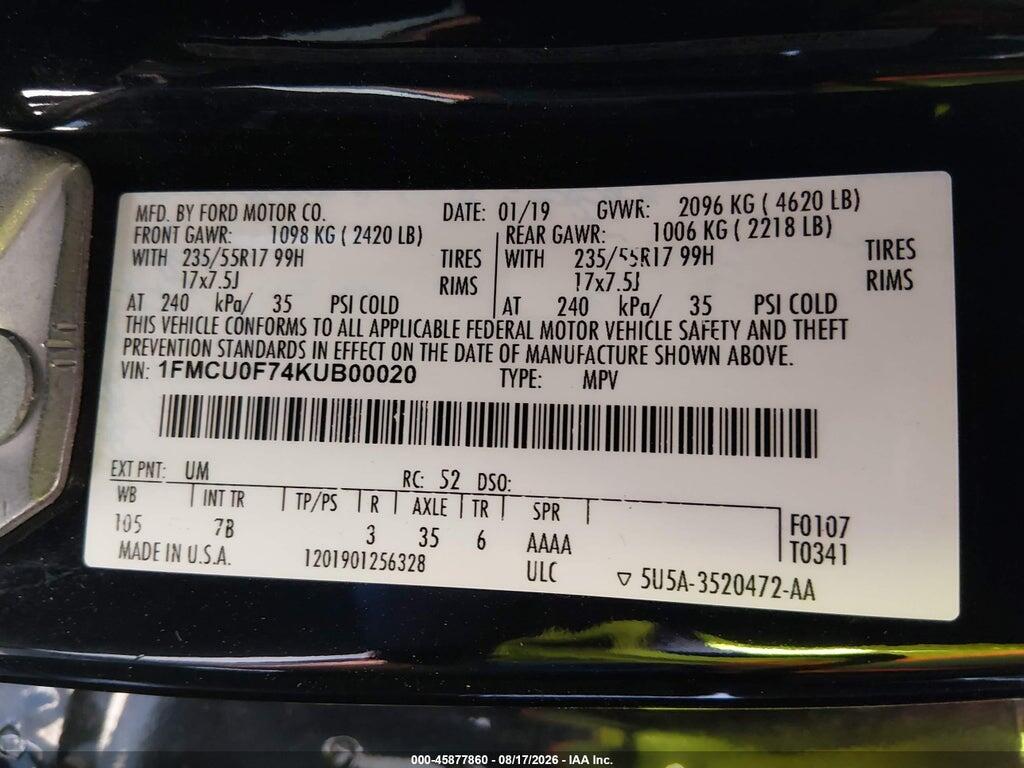 1FMCU0F74KUB00020 2019 FORD ESCAPE photo no. 9