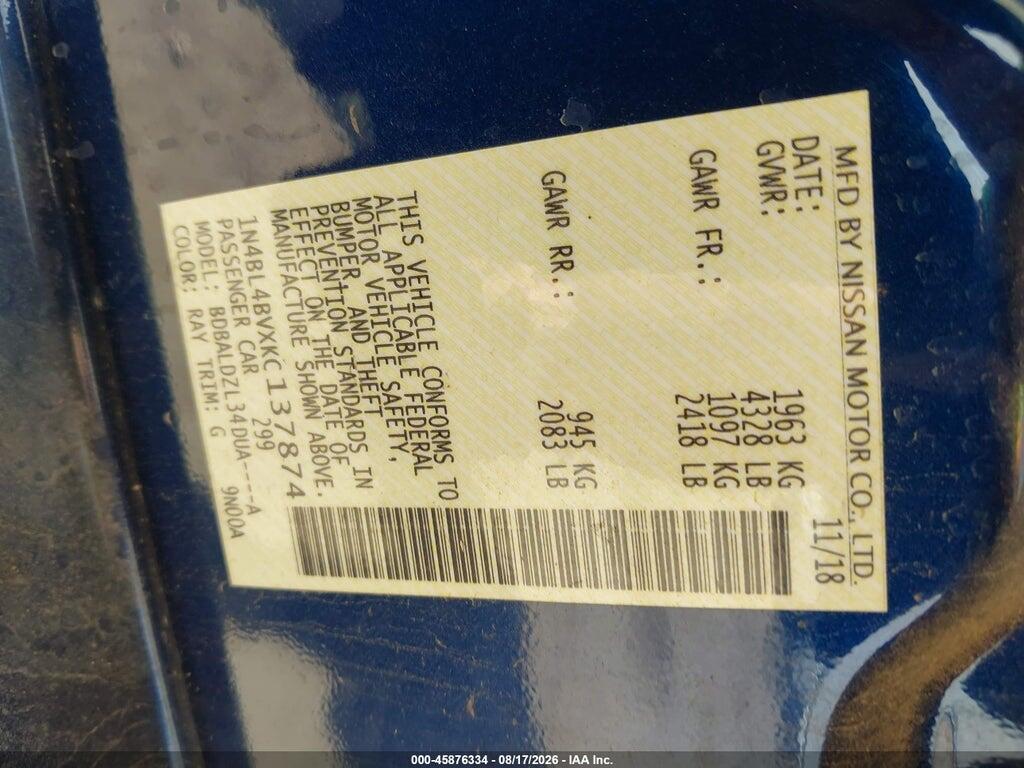 1N4BL4BVXKC137874 2019 NISSAN ALTIMA photo no. 9