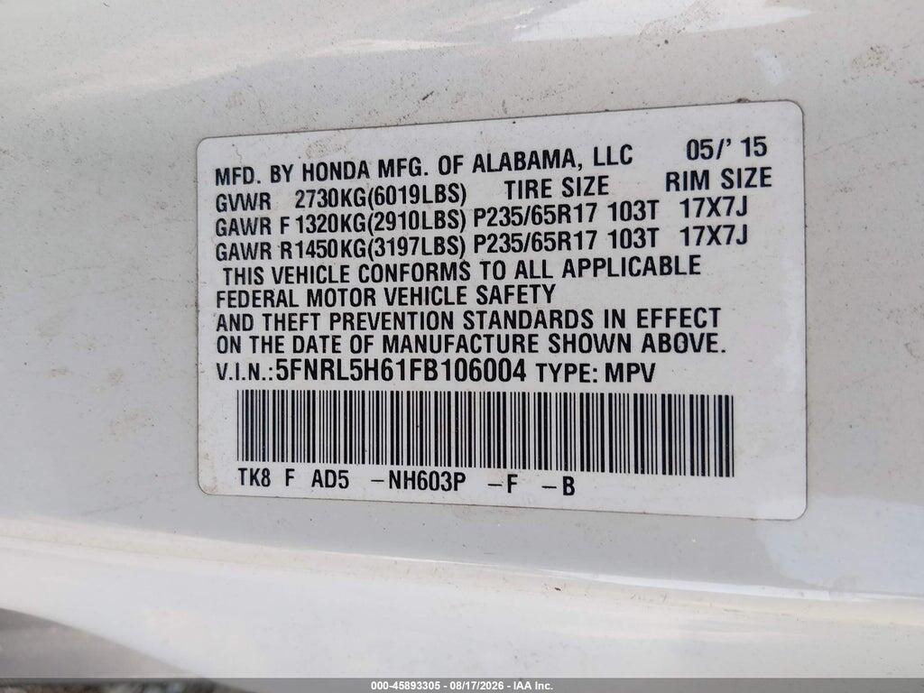 5FNRL5H61FB106004 2015 HONDA ODYSSEY photo no. 9