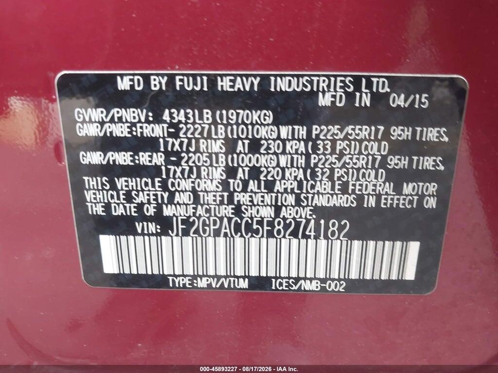 JF2GPACC5F8274182 2015 SUBARU XV CROSSTREK photo no. 9