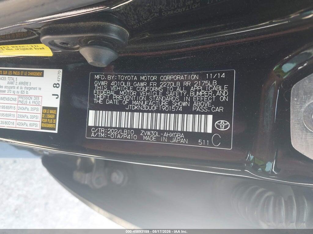 JTDKN3DU0F1901574 2015 TOYOTA PRIUS photo no. 9
