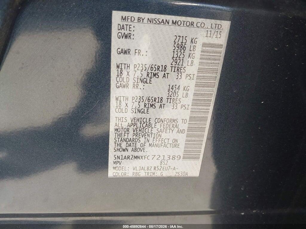 5N1AR2MNXFC721389 2015 NISSAN PATHFINDER photo no. 9