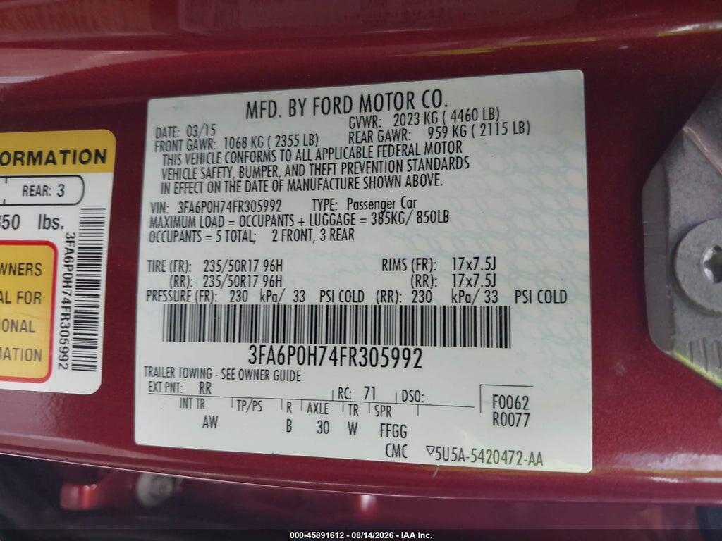 3FA6P0H74FR305992 2015 FORD FUSION photo no. 9
