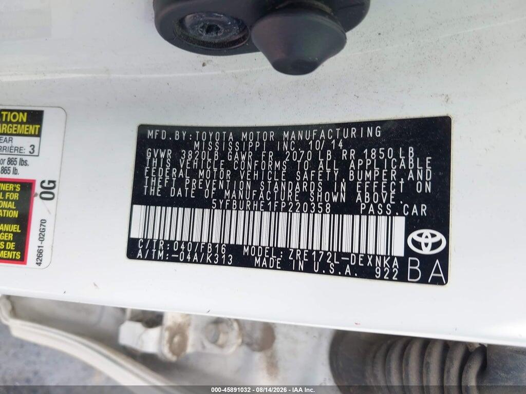 5YFBURHE1FP220358 2015 TOYOTA COROLLA photo no. 9