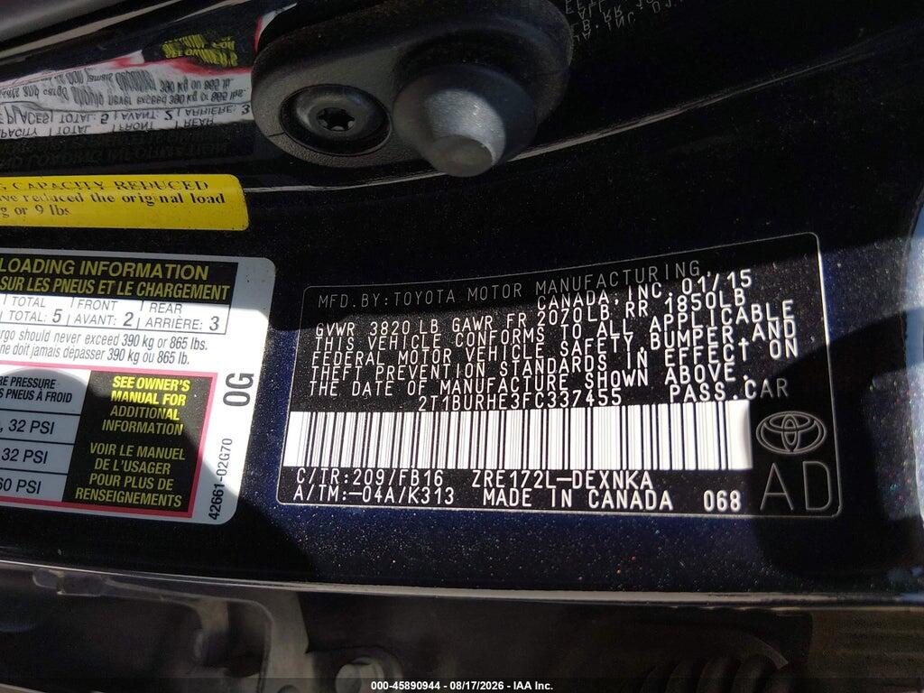 2T1BURHE3FC337455 2015 TOYOTA COROLLA photo no. 9