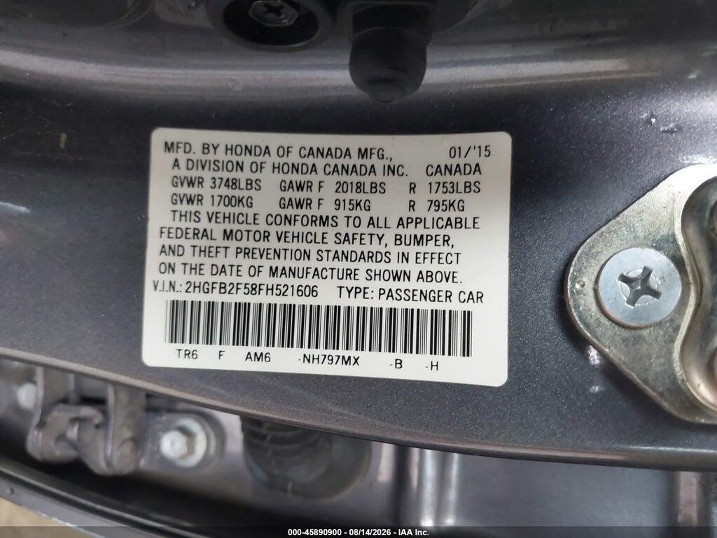 2HGFB2F58FH521606 2015 HONDA CIVIC photo no. 9