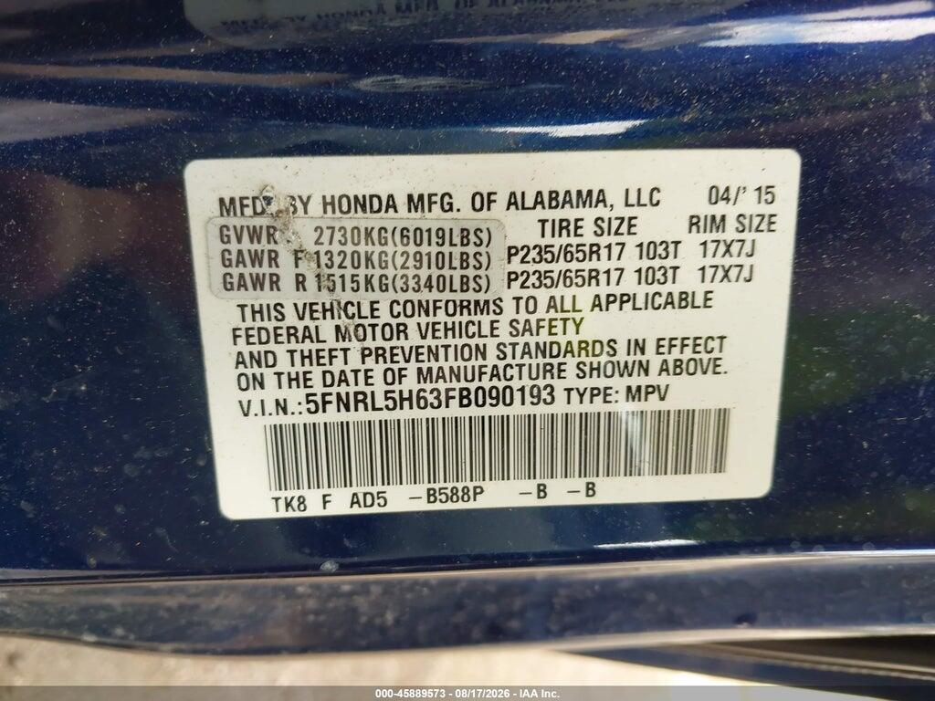 5FNRL5H63FB090193 2015 HONDA ODYSSEY photo no. 9