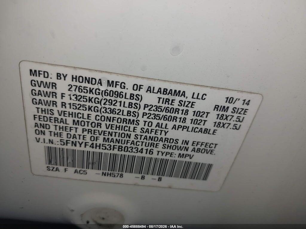 5FNYF4H53FB033416 2015 HONDA PILOT photo no. 8