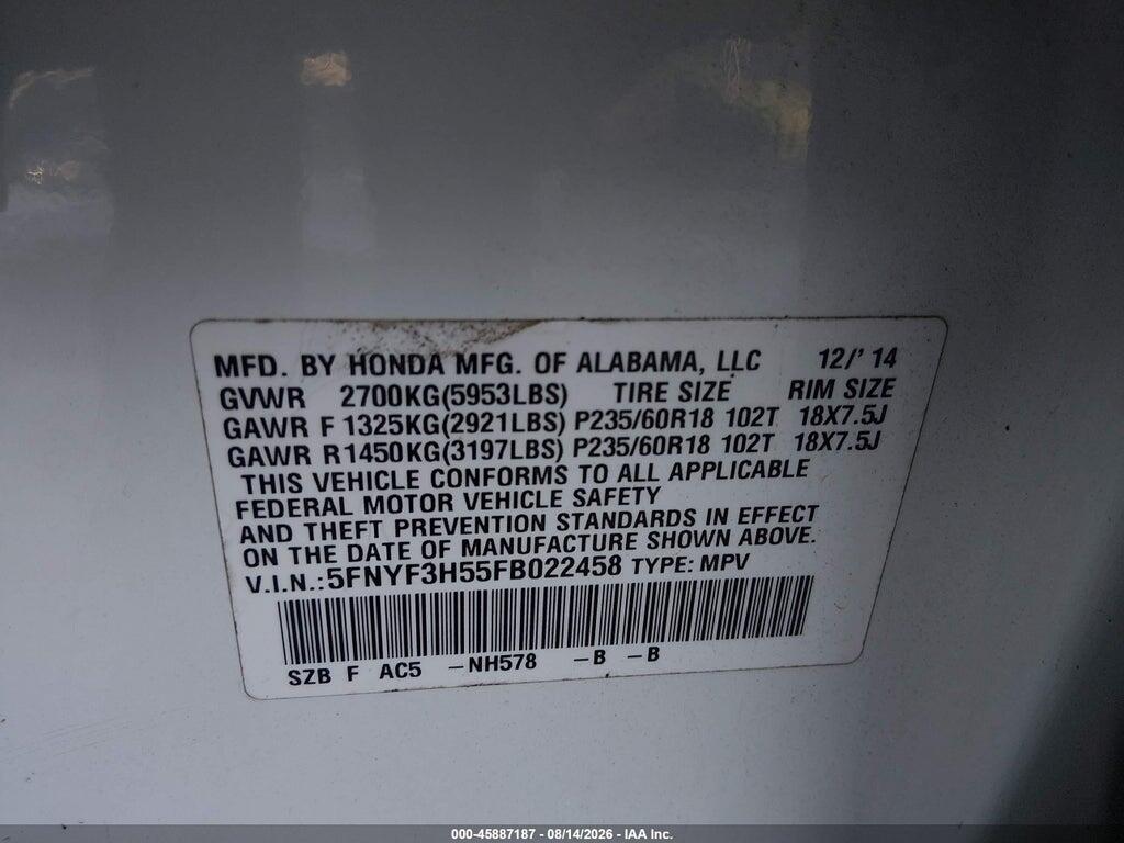 5FNYF3H55FB022458 2015 HONDA PILOT photo no. 9