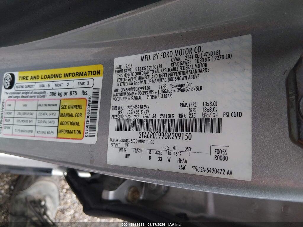 3FA6P0T99GR299150 2016 FORD FUSION photo no. 9