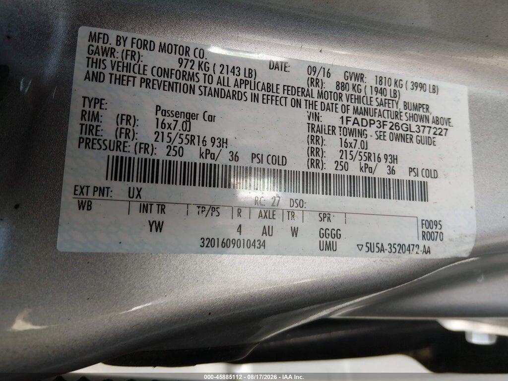 1FADP3F26GL377227 2016 FORD FOCUS photo no. 9