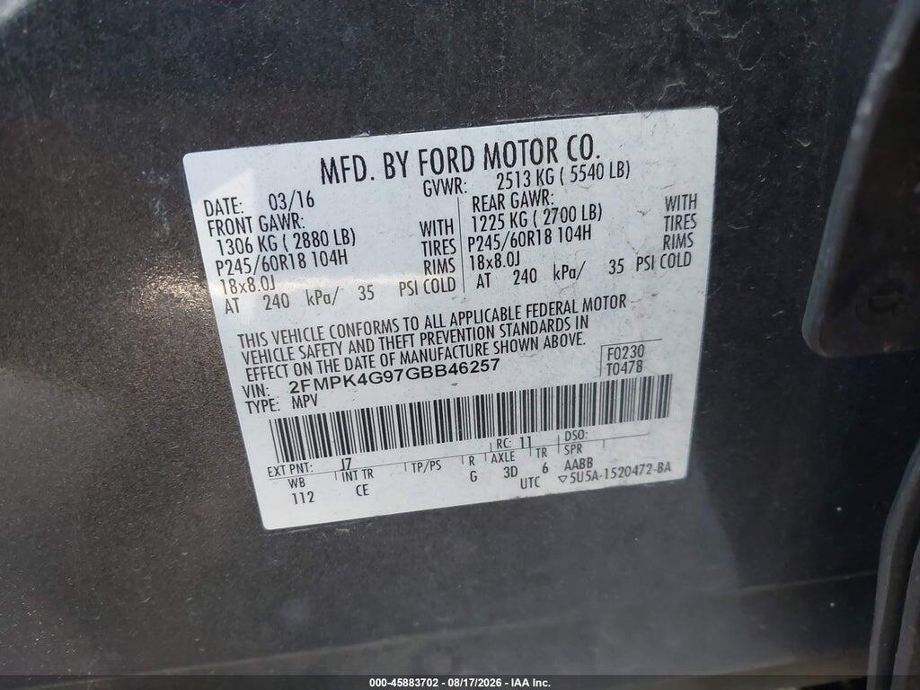 2FMPK4G97GBB46257 2016 FORD EDGE photo no. 9