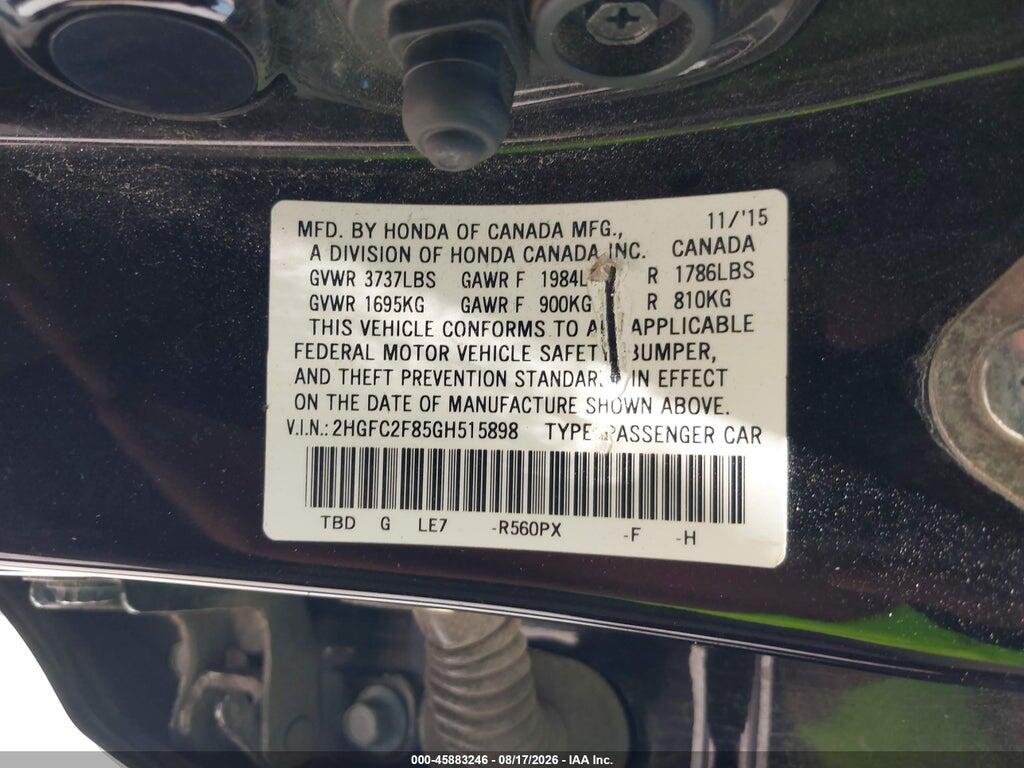 2HGFC2F85GH515898 2016 HONDA CIVIC photo no. 9