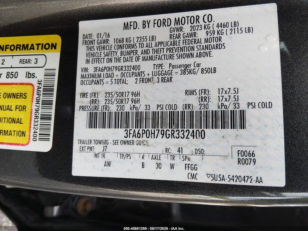 3FA6P0H79GR332400 2016 FORD FUSION photo no. 9