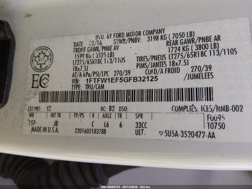 1FTFW1EF5GFB32125 2016 FORD F-150 photo no. 9