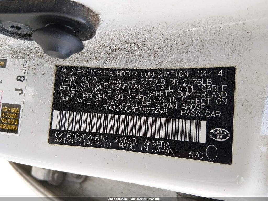 JTDKN3DU3E1827498 2014 TOYOTA PRIUS photo no. 9