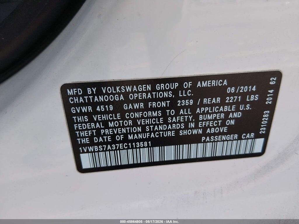 1VWBS7A37EC113581 2014 VOLKSWAGEN PASSAT photo no. 9