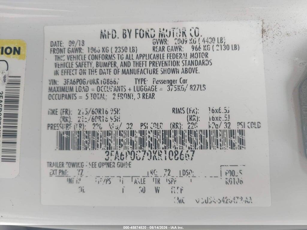 3FA6P0G70KR108667 2019 FORD FUSION photo no. 9