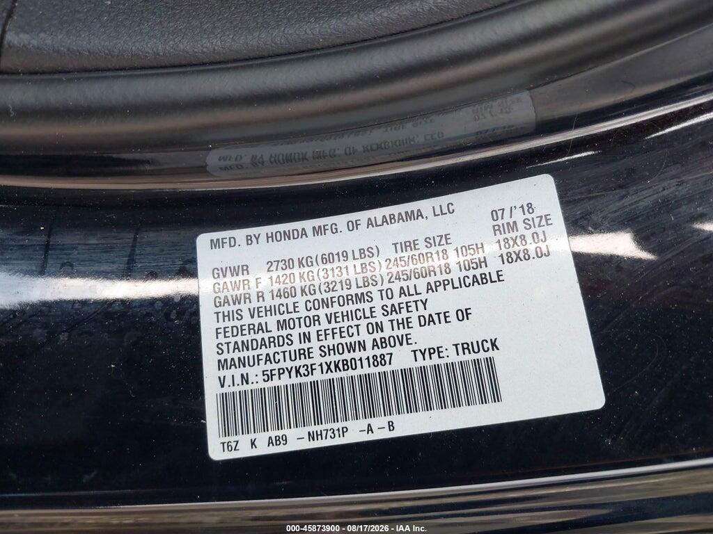 5FPYK3F1XKB011887 2019 HONDA RIDGELINE photo no. 9