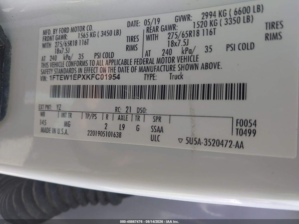 1FTEW1EPXKFC01954 2019 FORD F-150 photo no. 9