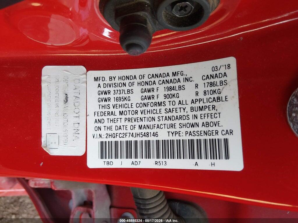 2HGFC2F74JH548146 2018 HONDA CIVIC photo no. 9