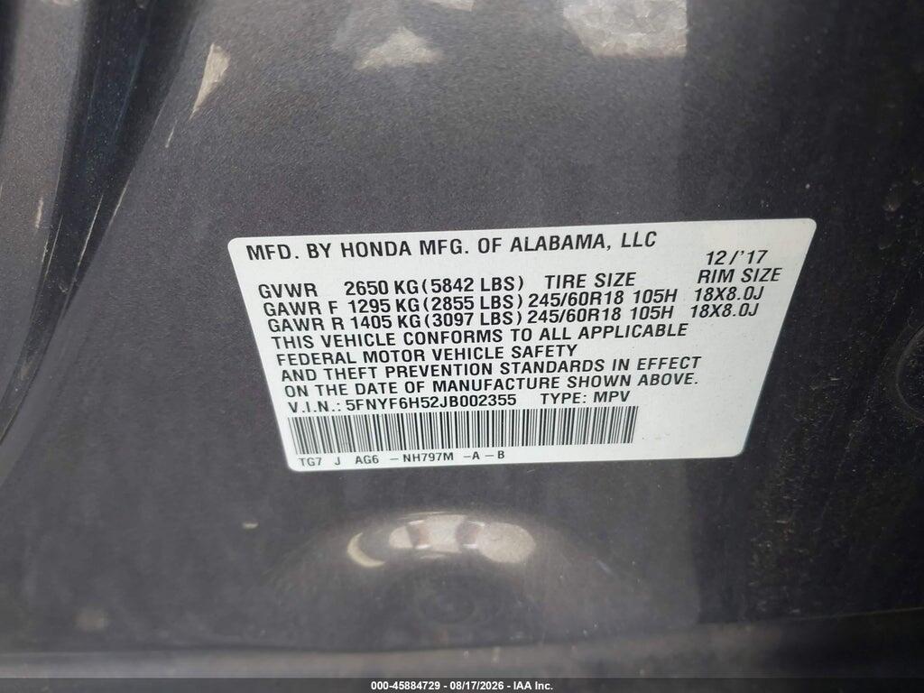 5FNYF6H52JB002355 2018 HONDA PILOT photo no. 9