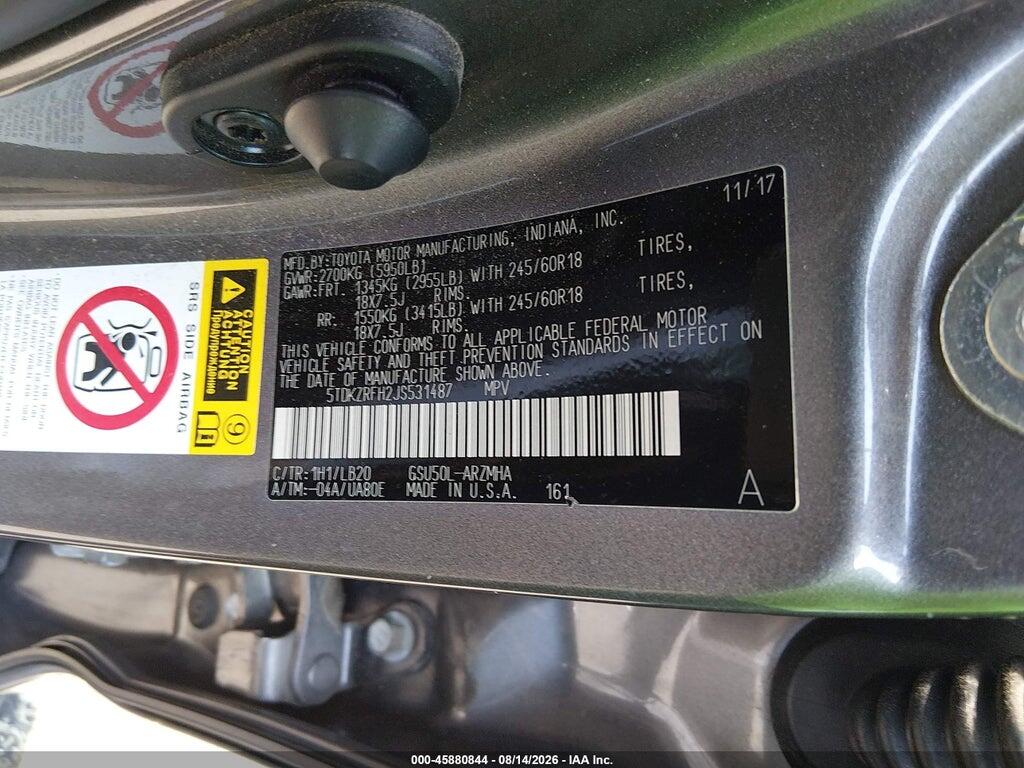 5TDKZRFH2JS531487 2018 TOYOTA HIGHLANDER photo no. 9