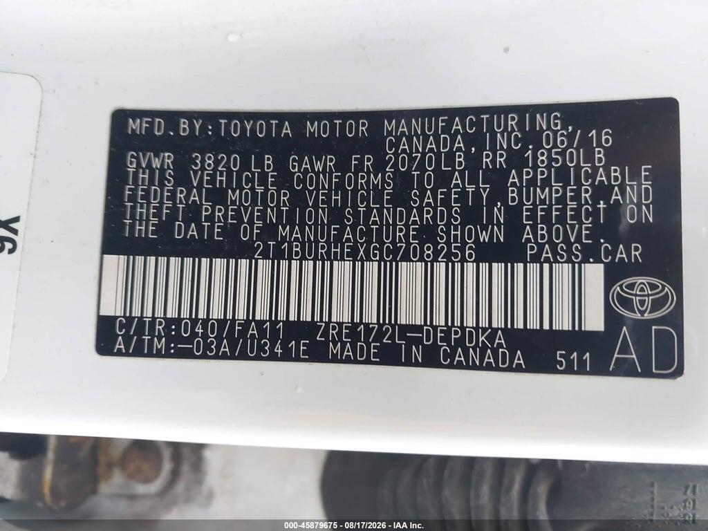 2T1BURHEXGC708256 2016 TOYOTA COROLLA photo no. 9