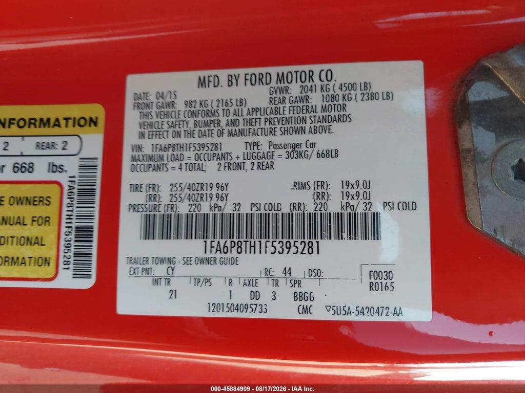 1FA6P8TH1F5395281 2015 FORD MUSTANG photo no. 9