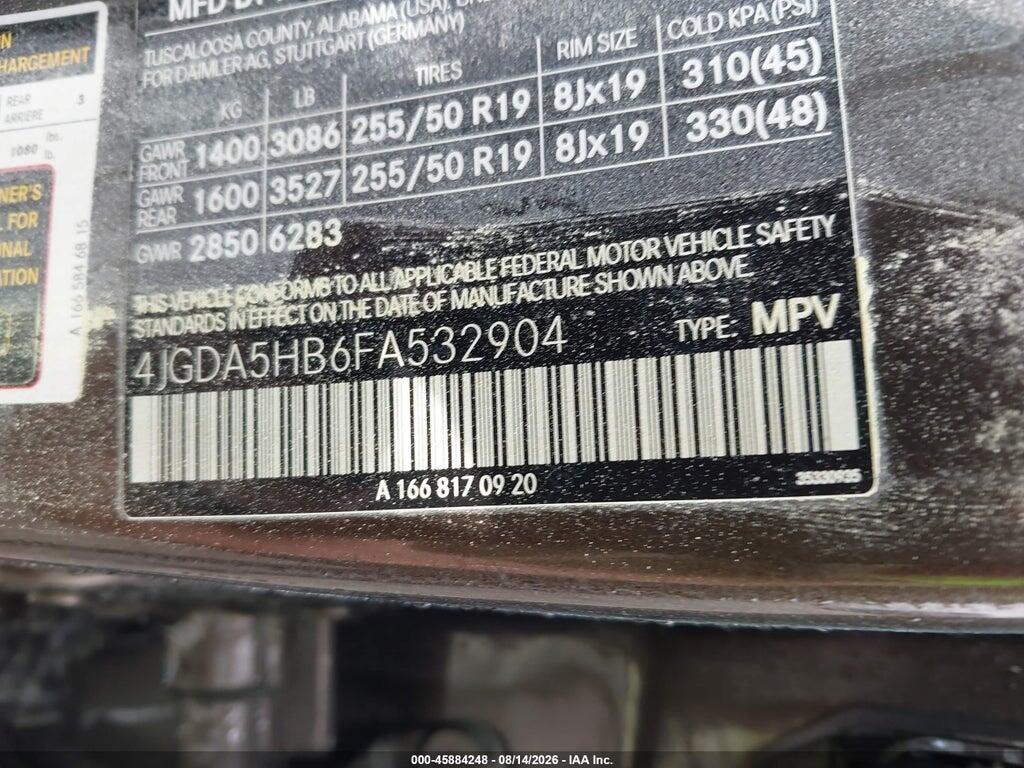 4JGDA5HB6FA532904 2015 MERCEDES-BENZ ML 350 photo no. 9