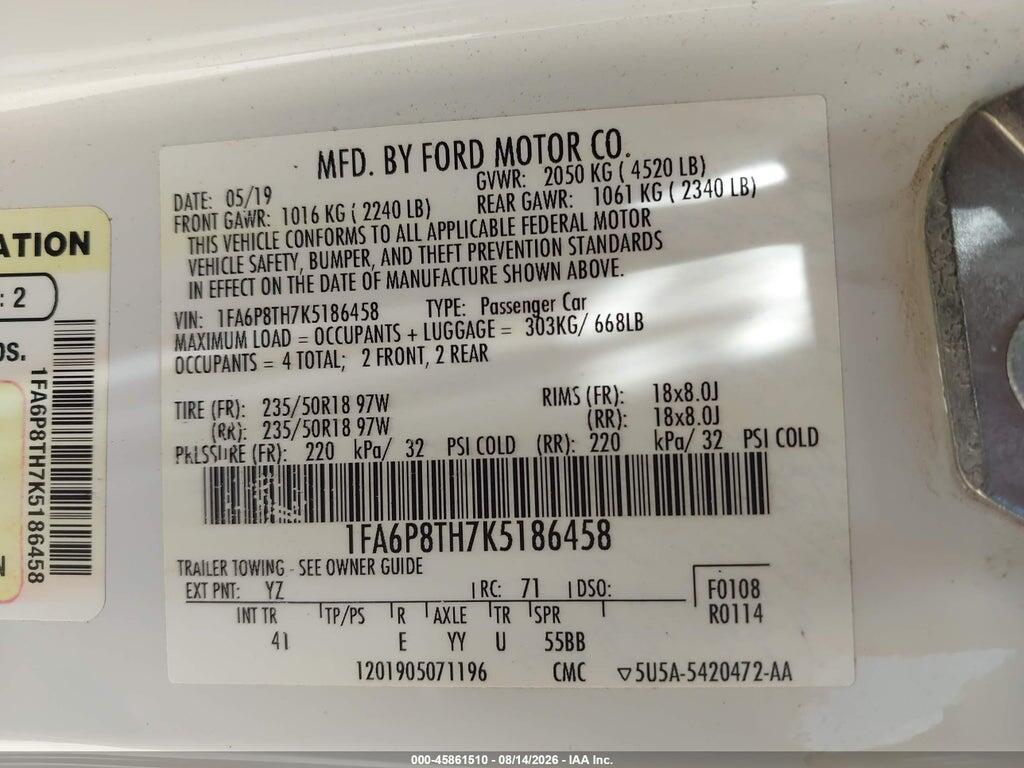 1FA6P8TH7K5186458 2019 FORD MUSTANG photo no. 9