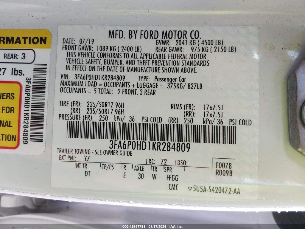 3FA6P0HD1KR284809 2019 FORD FUSION photo no. 9