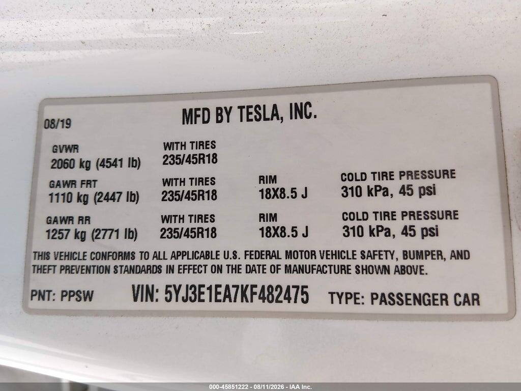 5YJ3E1EA7KF482475 2019 TESLA MODEL 3 photo no. 9