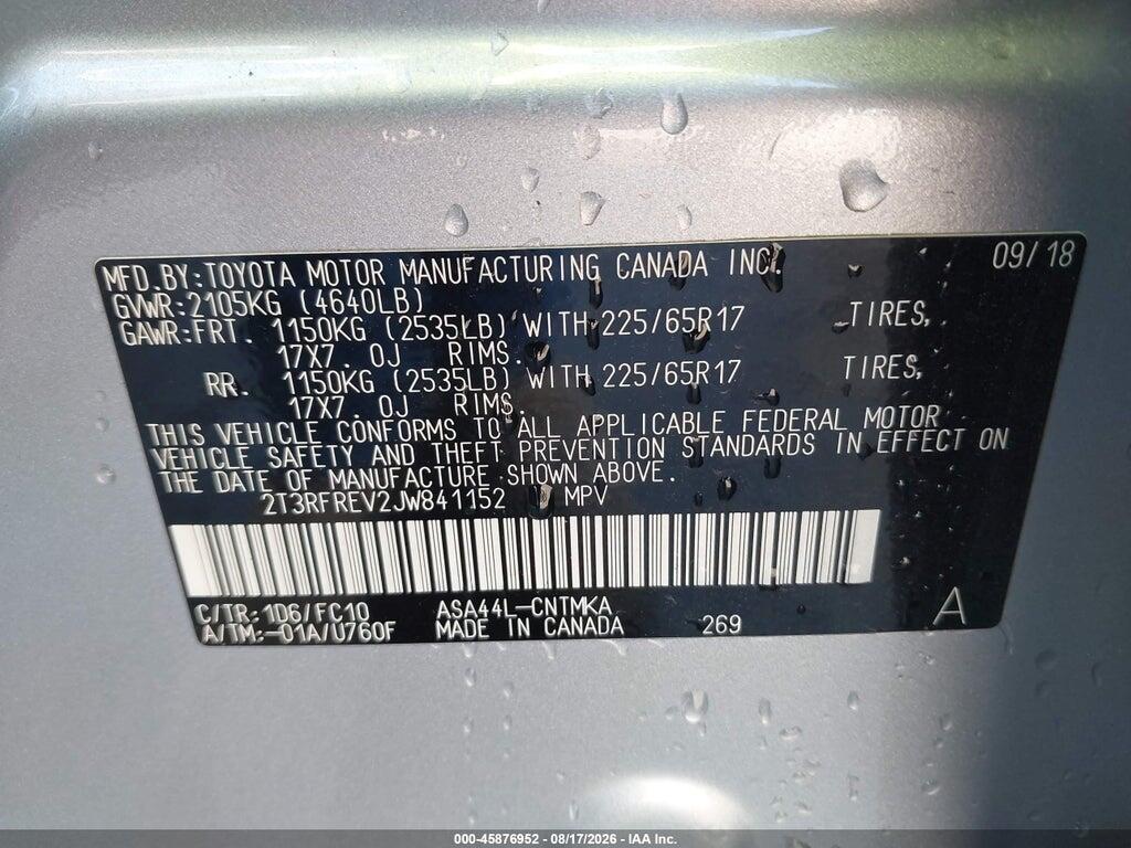 2T3RFREV2JW841152 2018 TOYOTA RAV4 photo no. 9