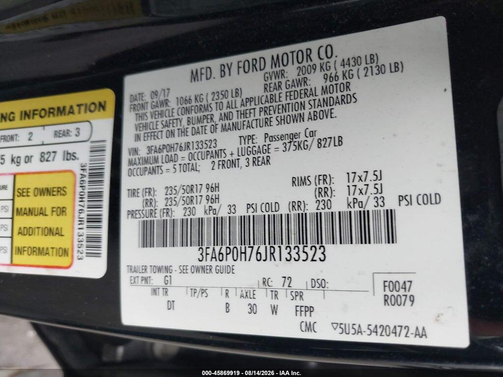 3FA6P0H76JR133523 2018 FORD FUSION photo no. 9