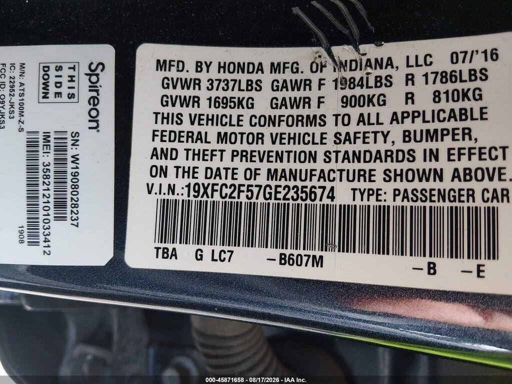 19XFC2F57GE235674 2016 HONDA CIVIC photo no. 9