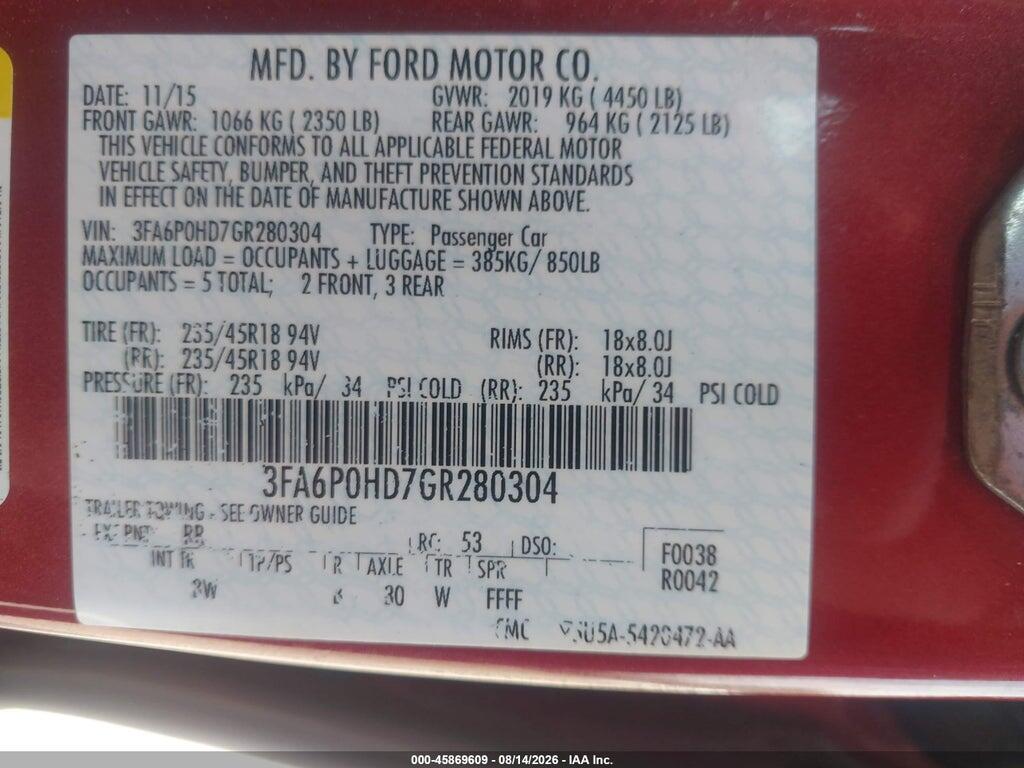 3FA6P0HD7GR280304 2016 FORD FUSION photo no. 9