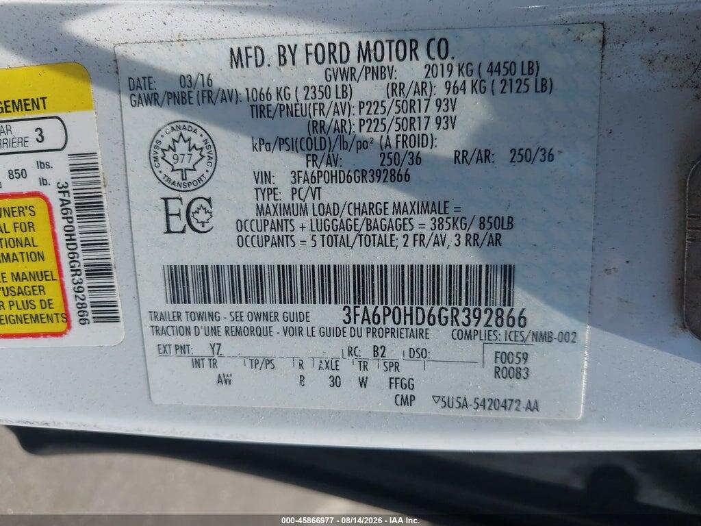 3FA6P0HD6GR392866 2016 FORD FUSION photo no. 9