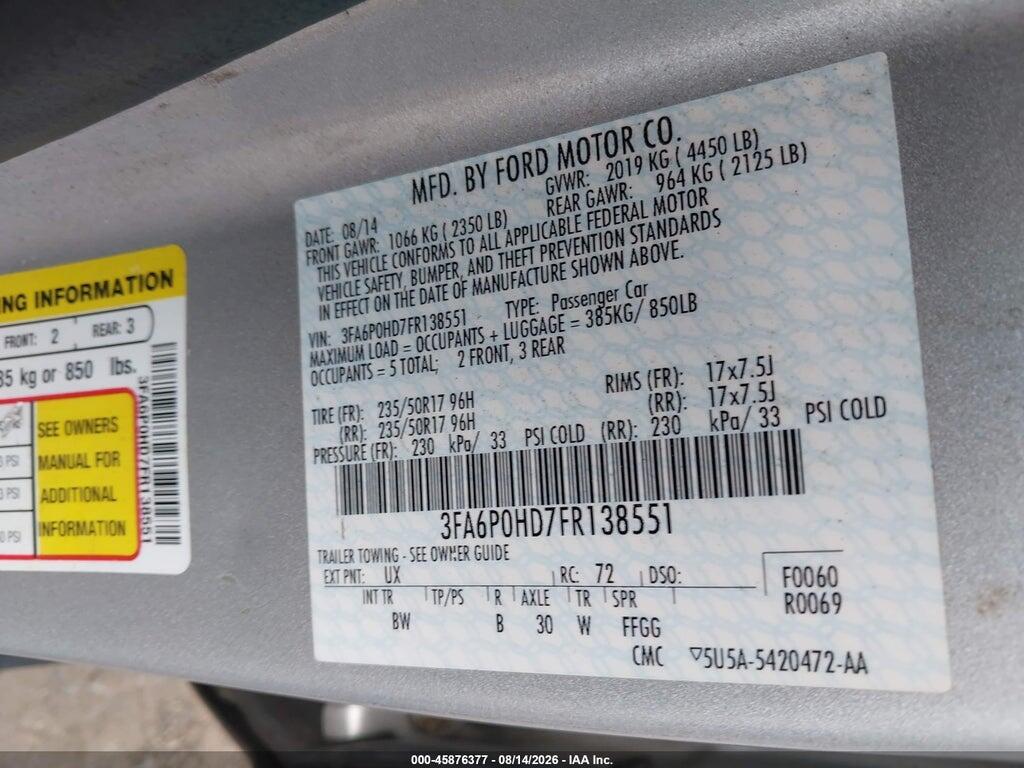 3FA6P0HD7FR138551 2015 FORD FUSION photo no. 9