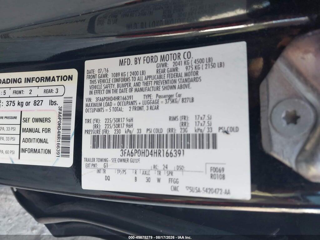 3FA6P0HD4HR166391 2017 FORD FUSION photo no. 9