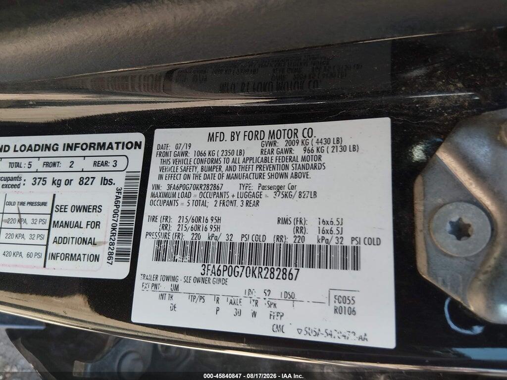 3FA6P0G70KR282867 2019 FORD FUSION photo no. 9