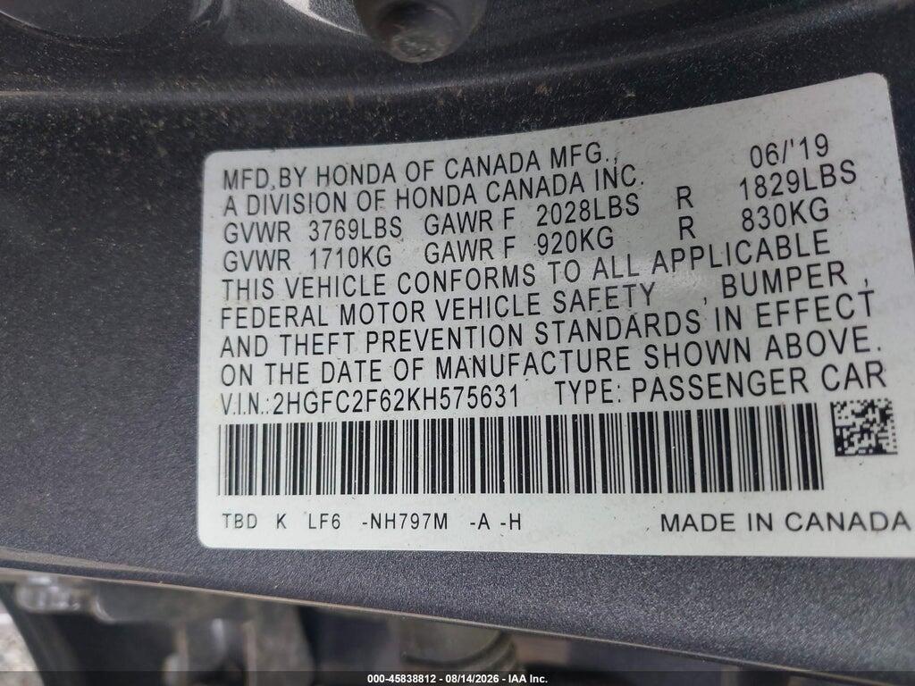 2HGFC2F62KH575631 2019 HONDA CIVIC photo no. 9