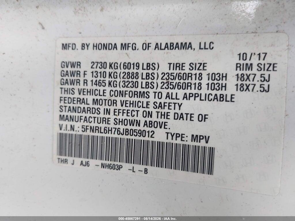 5FNRL6H76JB059012 2018 HONDA ODYSSEY photo no. 9