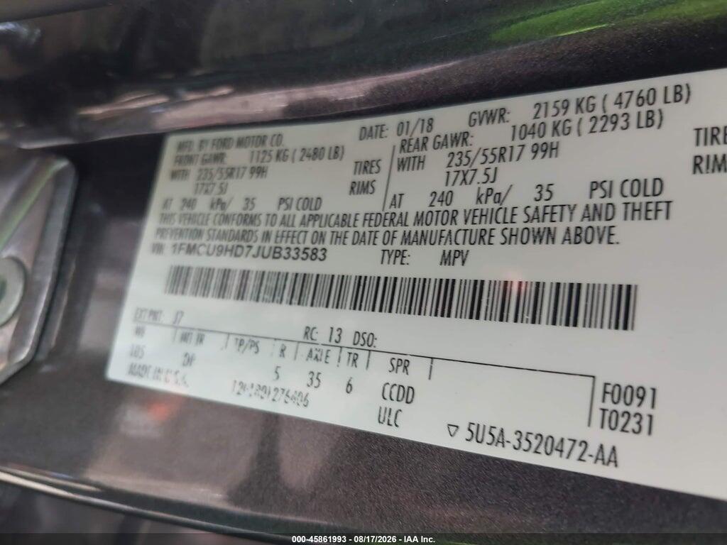1FMCU9HD7JUB33583 2018 FORD ESCAPE photo no. 9