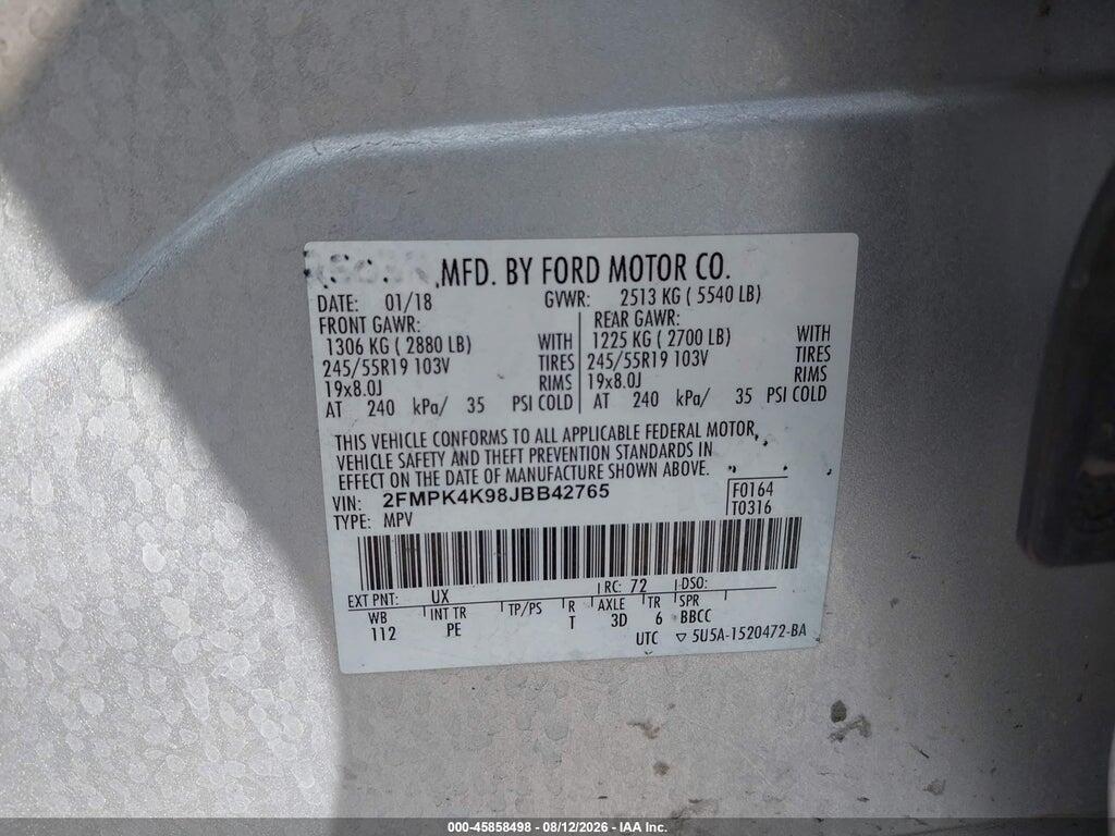 2FMPK4K98JBB42765 2018 FORD EDGE photo no. 9