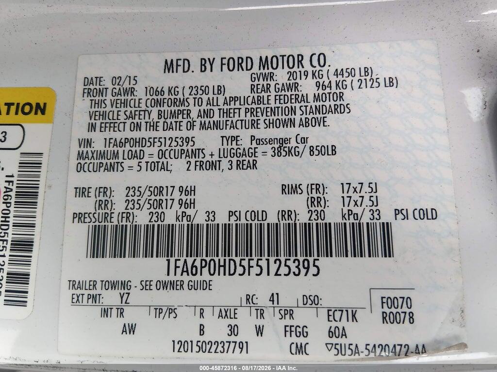 1FA6P0HD5F5125395 2015 FORD FUSION photo no. 9