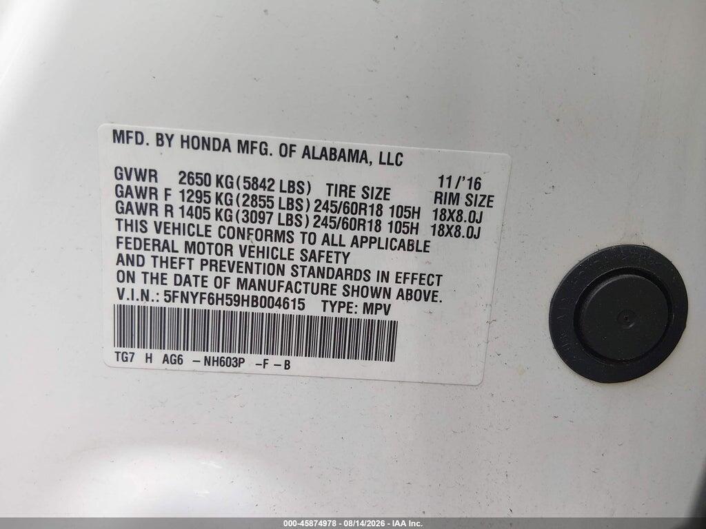 5FNYF6H59HB004615 2017 HONDA PILOT photo no. 9